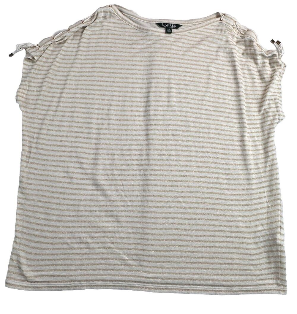 Lauren Ralph Lauren Women’s Ivory Glitter Striped Short Sleeve Linen Blend Large